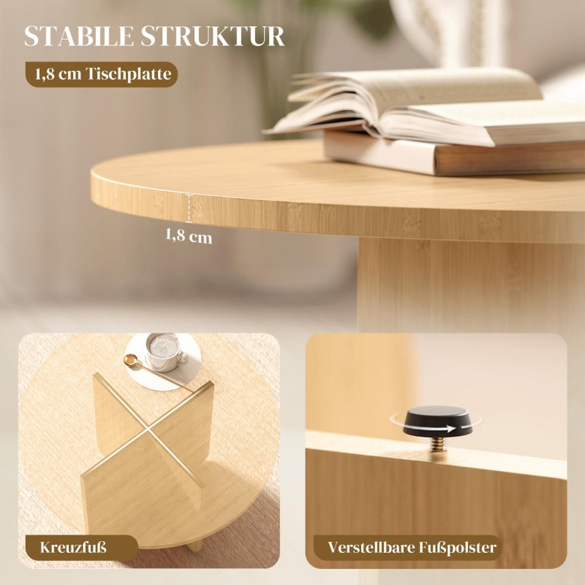 COUCHTISCH 66/66/45 cm natur aus Bambus mit Kreuzgestell - Naturfarben, Naturmaterialien (66/66/45cm) - OKWISH