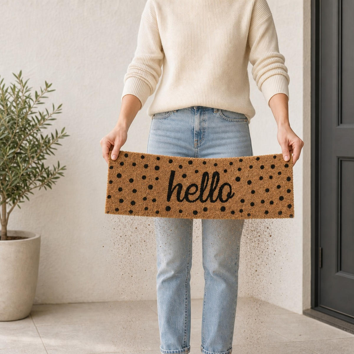 FUSSMATTE Natur Schwarz Hello 75x25 cm - Hellbraun, Kunststoff/Textil (75/25cm) - Relaxdays