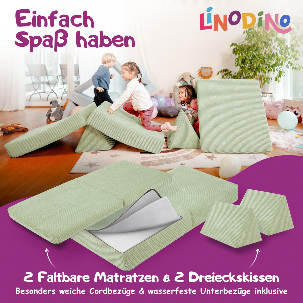 KINDERSOFA Spielparadies - Hellgrün, Textil (66/52/150cm) - Linodino