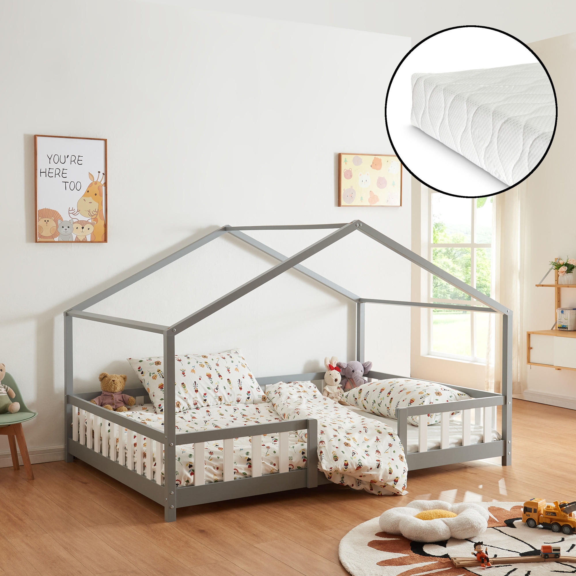HAUSBETT Treviolo mit Matratze - Hellgrau/Weiß, Holz/Textil (120/200cm) - [en.casa]