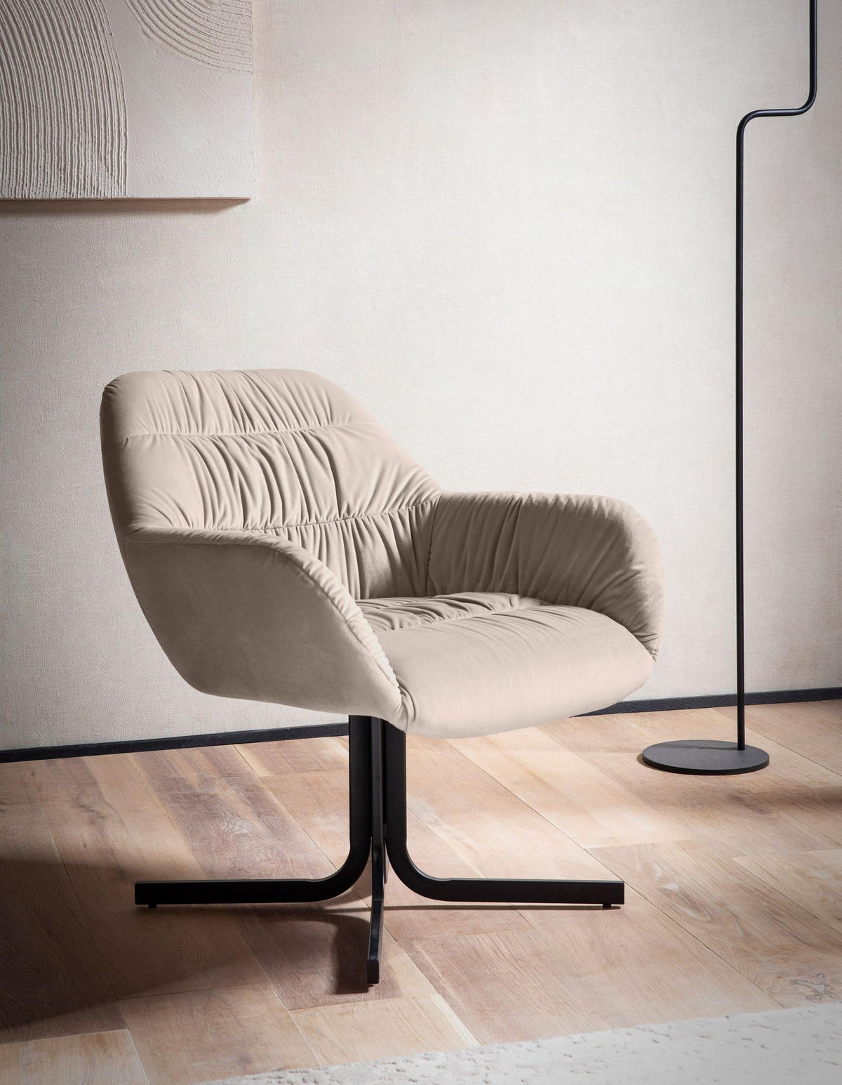 LOUNGESESSEL Samt mit Armlehnen und Metallgestell, gepolsterter Schalensitz, Beige 64x68x74 cm - Beige/Schwarz, Textil/Metall (64/74/68cm) - KADIMA DESIGN