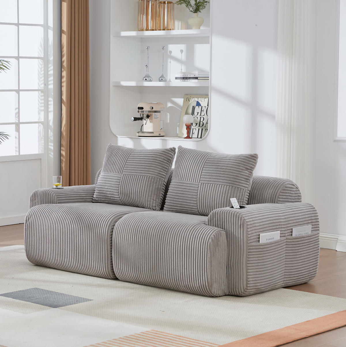 2-SITZER-SOFA aus Cord 200x99x80 cm in Hellgrau mit Cupholder & Seitentasche - Hellgrau, Textil (99/80/200cm) - Modfu