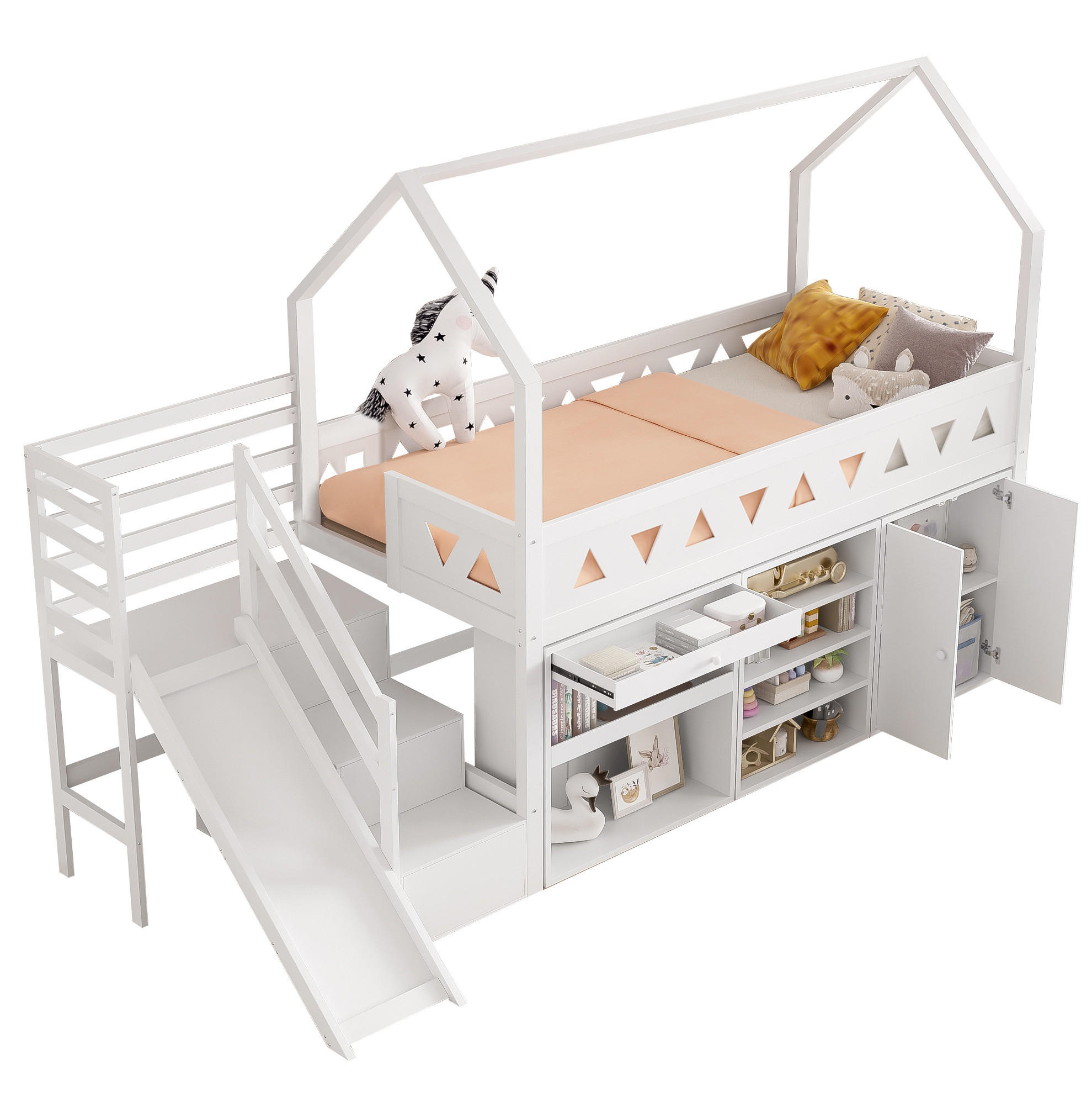KINDERBETT 90/200 cm mit Rutsche, Treppe, Schubladen und Stauraum, Massivholz, Weiß - Weiß, Holz (90/200cm) - Redom