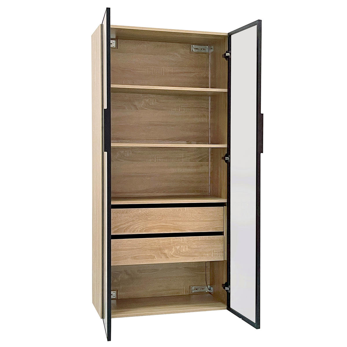 VITRINE in Naturfarbe Highboard mit Lichtleiste und Schubladen für Badezimmer, B74/T36/H155 cm - Transparent/Naturfarben, Glas/Holzwerkstoff (74/155/36cm) - STILVORA