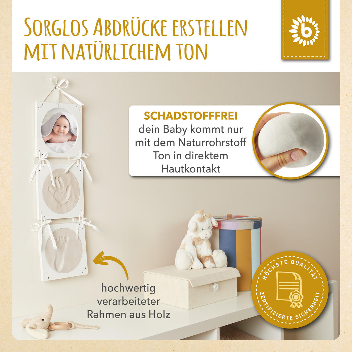 BILDERRAHMEN Baby-Abdruckset 3D Gipsabdruck Hand und Fuss - Weiß, Holz (18/1cm) - Bieco Spielwaren