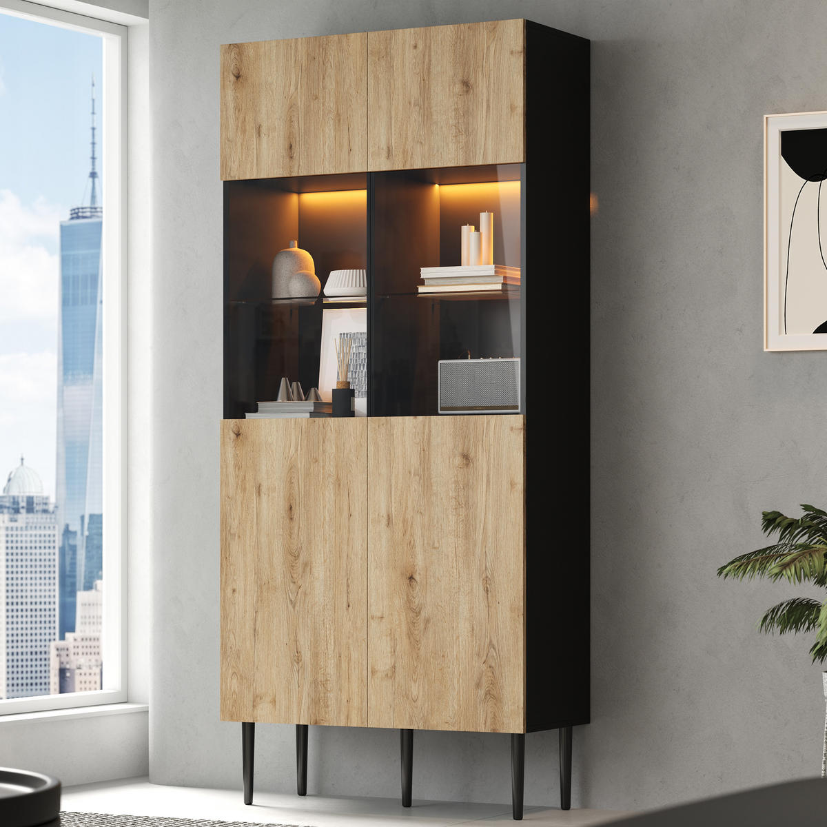 HIGHBOARD in Holzoptik Vitrine mit LED, 10 Staufächern und Glastüren, 80/35/180cm(B/H/T), fürs Wohnzimmer - Schwarz/Naturfarben, Glas/Holzwerkstoff (80/180/35cm) - STILVORA