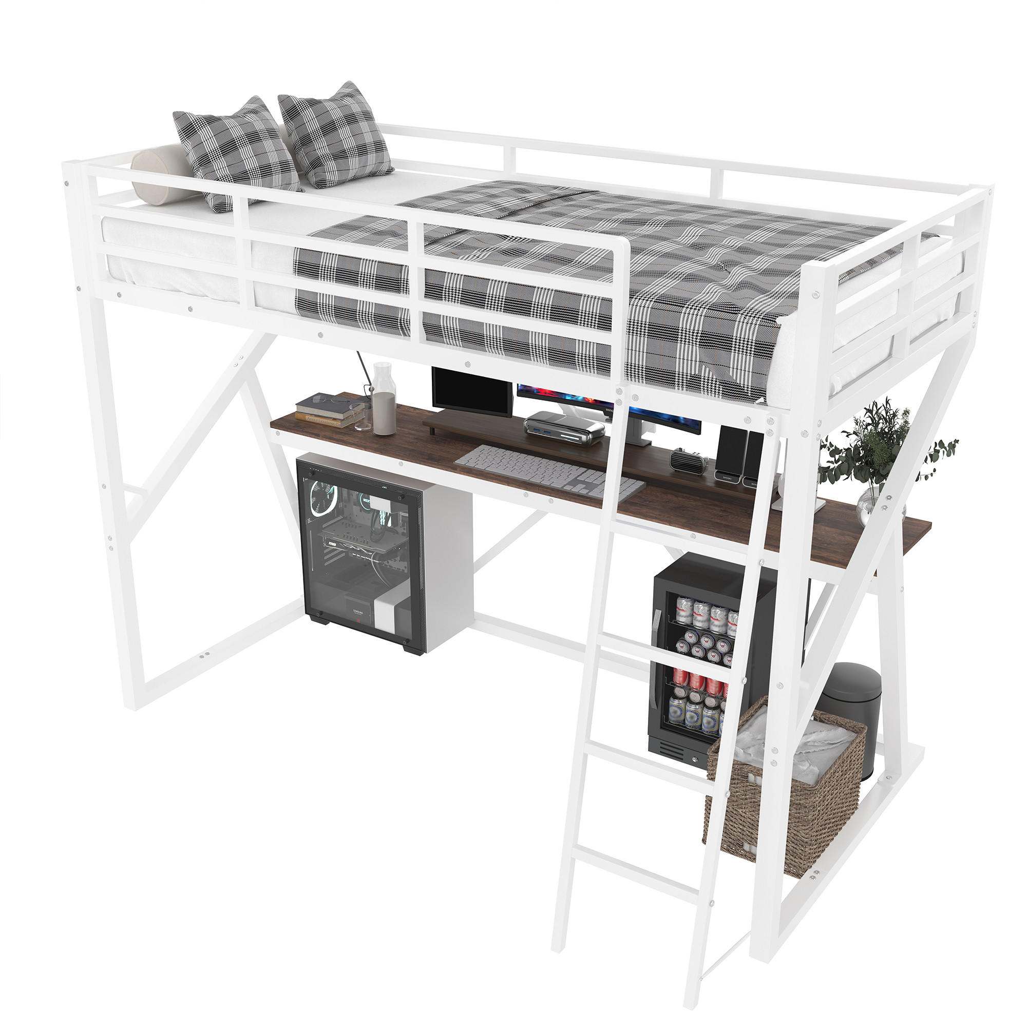 HOCHBETT 90x200cm Weiß Metall LED-Leiste Geländer Schreibtisch - Weiß, Metall (90/200cm) - FLIEKS