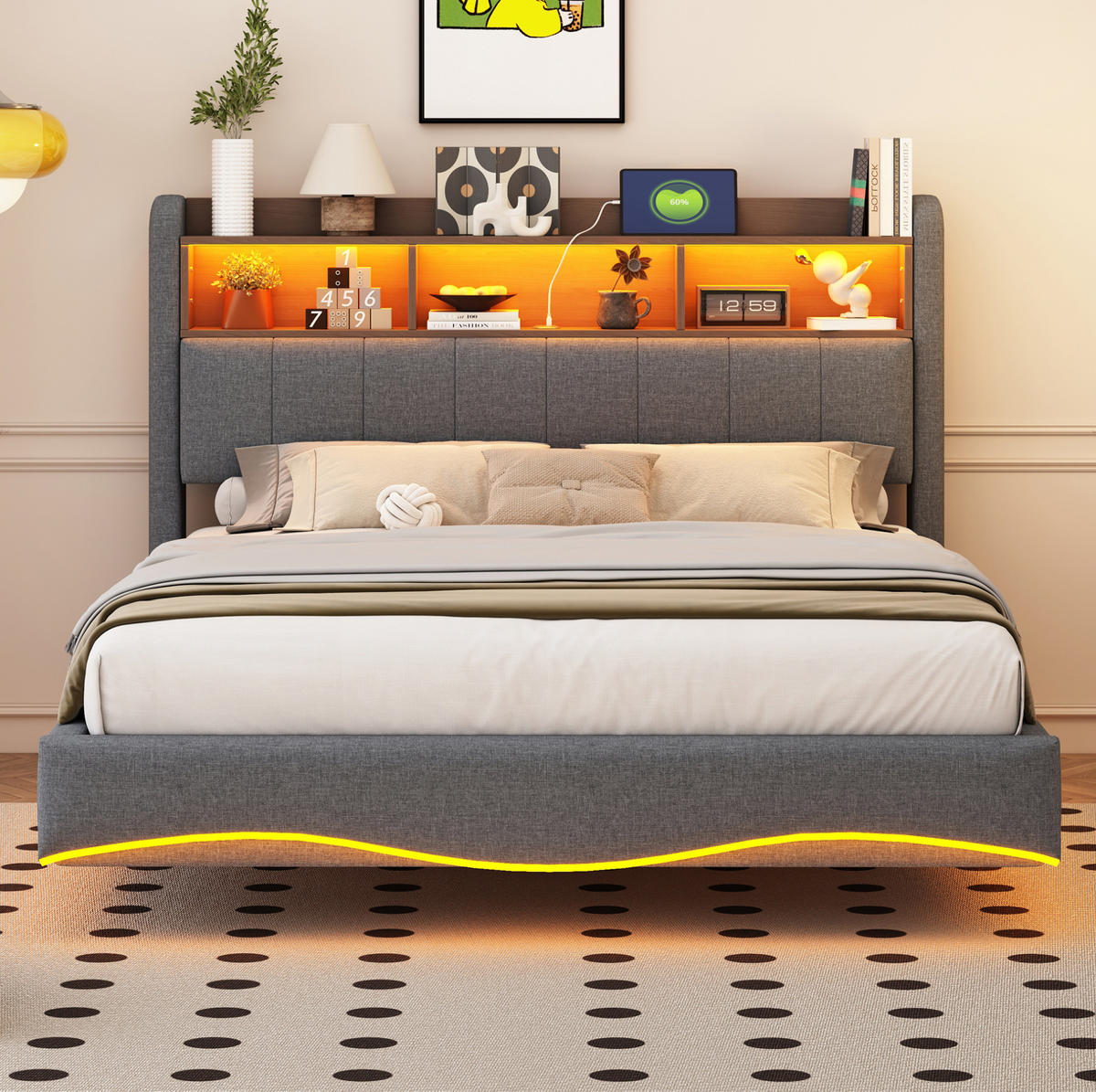 ČALÚNENÁ posteľ z látky a kovu 140x200 cm sivá s LED osvetlením, USB a USB-C portom, úložným priestorom - sivá, textil (140/200cm) - Modfu