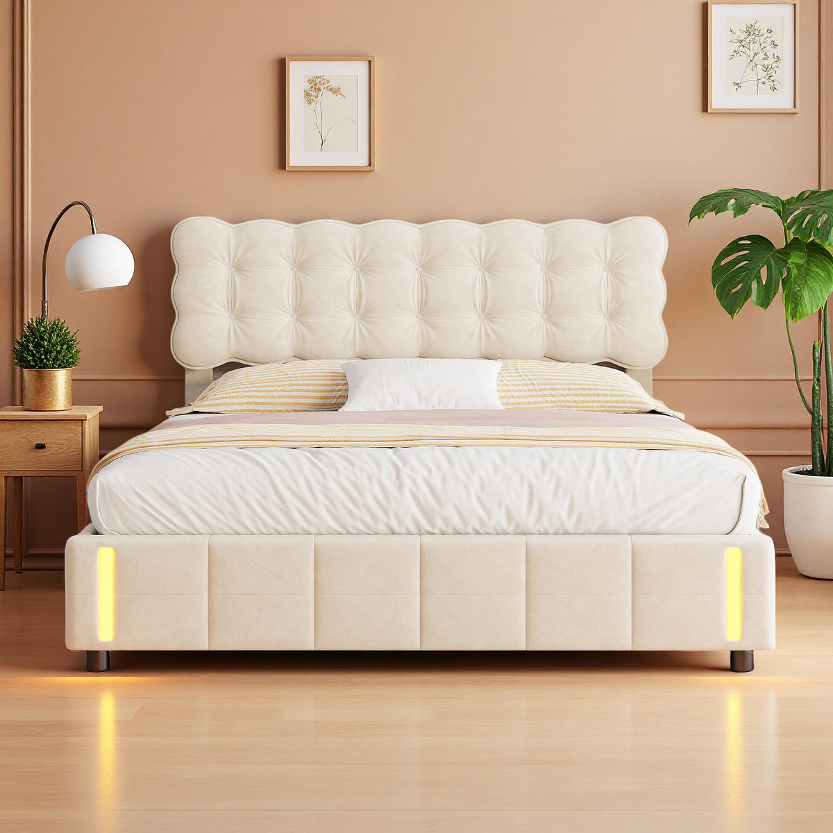 POLSTERBETT 140x190 cm LED Stauraum Hydraulik Lattenrost Samt beige - Beige, Holz (140/190cm) - LEBENLANG