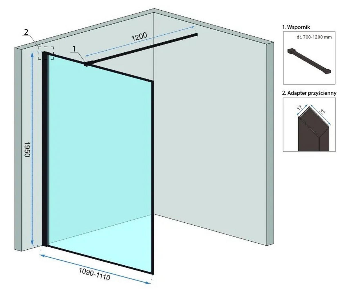 DUSCHWAND Rea Bler 110 - Schwarz, Glas (111/195cm) - REA
