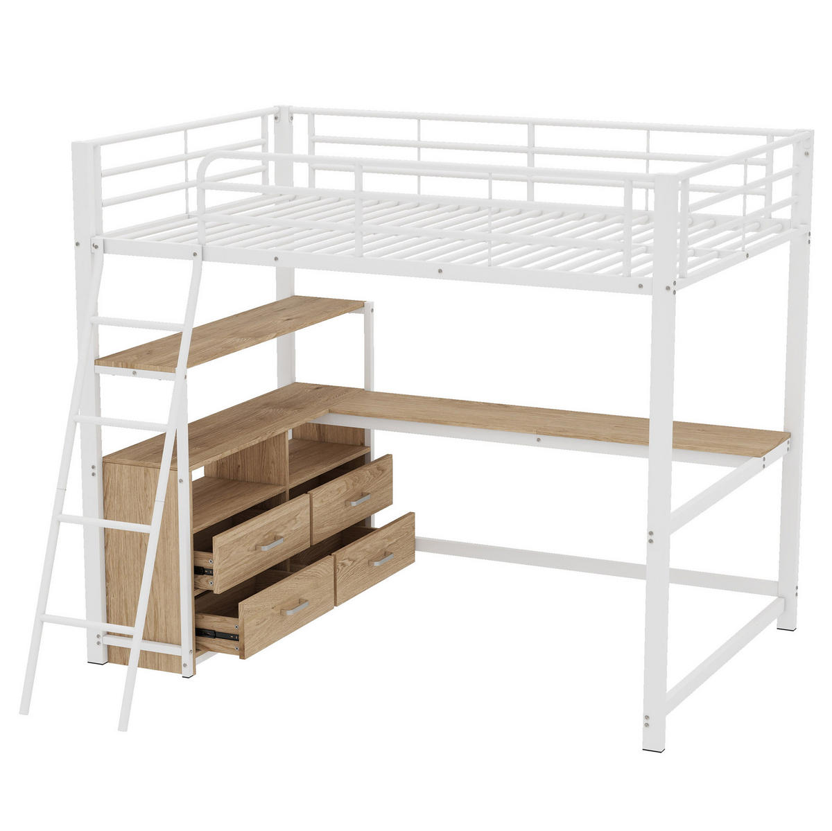 HOCHBETT 140/200 cm Weiß aus Metall und MDF mit L-förmigem Schreibtisch - Weiß, Holzwerkstoff (140/200cm) - OKMYHOME