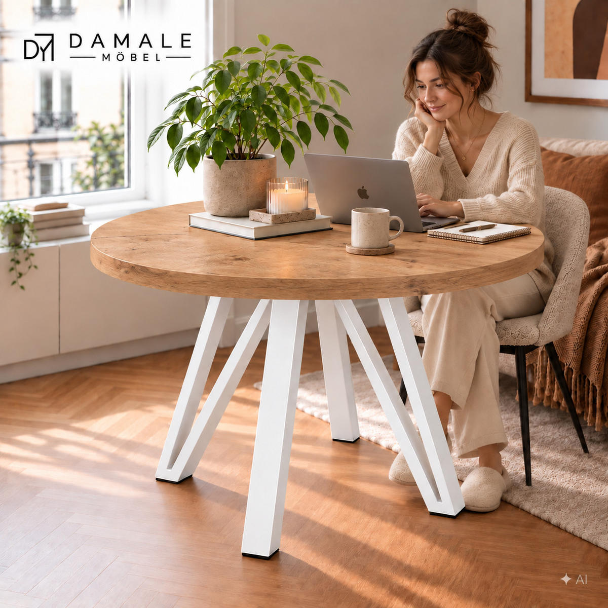 ESSTISCH rund ausziehbar 100/300/76 cm, Eiche Craft, 54 cm Tischplatte + Industrial Metallgestell Weiß - Eichefarben/Weiß, Holzwerkstoff/Metall (100/300/76cm) - Damale Möbel