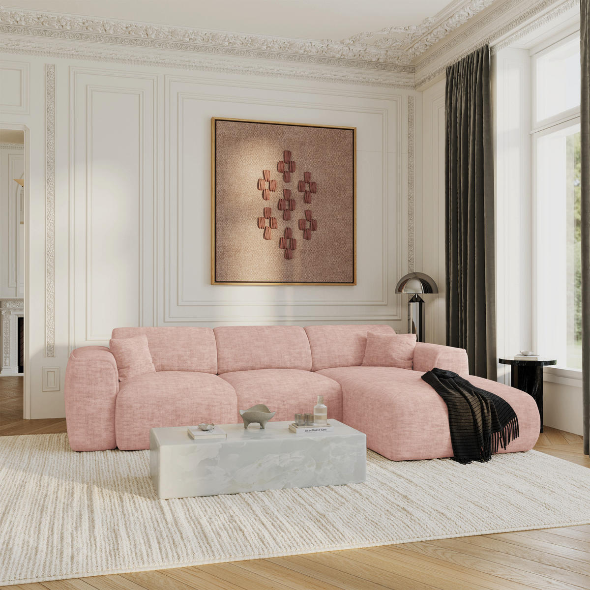 ECKSCHLAFSOFA Texturierter Samt Vintage Pink 283cm - Pink, Textil (283/180cm) - Sia Home