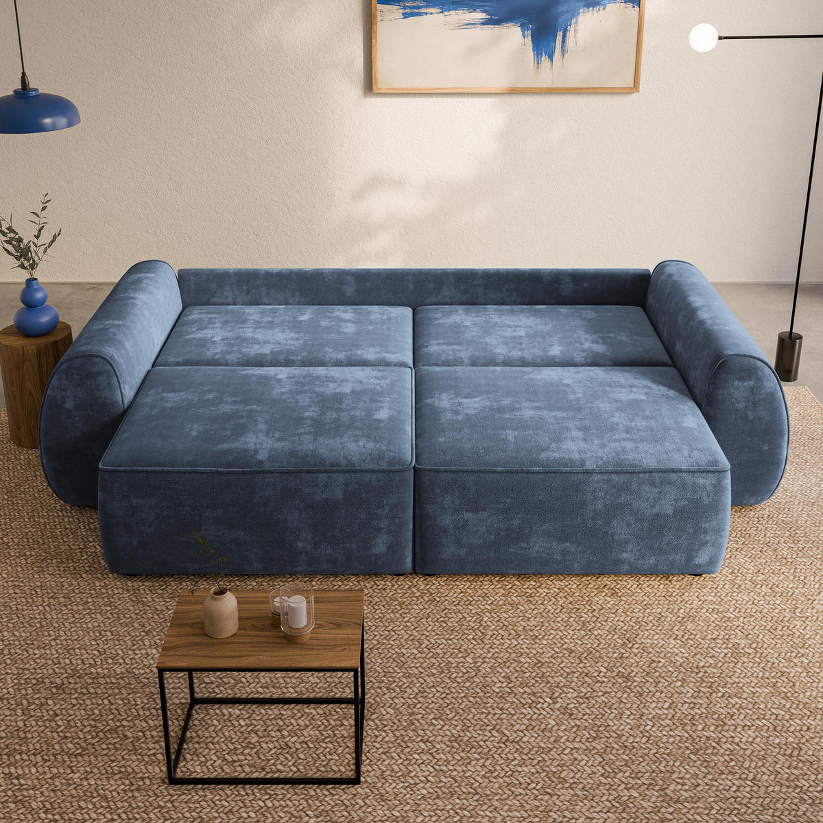 BETTSOFA ZEFEO Blau Chenille-Stoff mit Schlaffunktion - Blau, Textil (264/96/106cm) - MASSENO