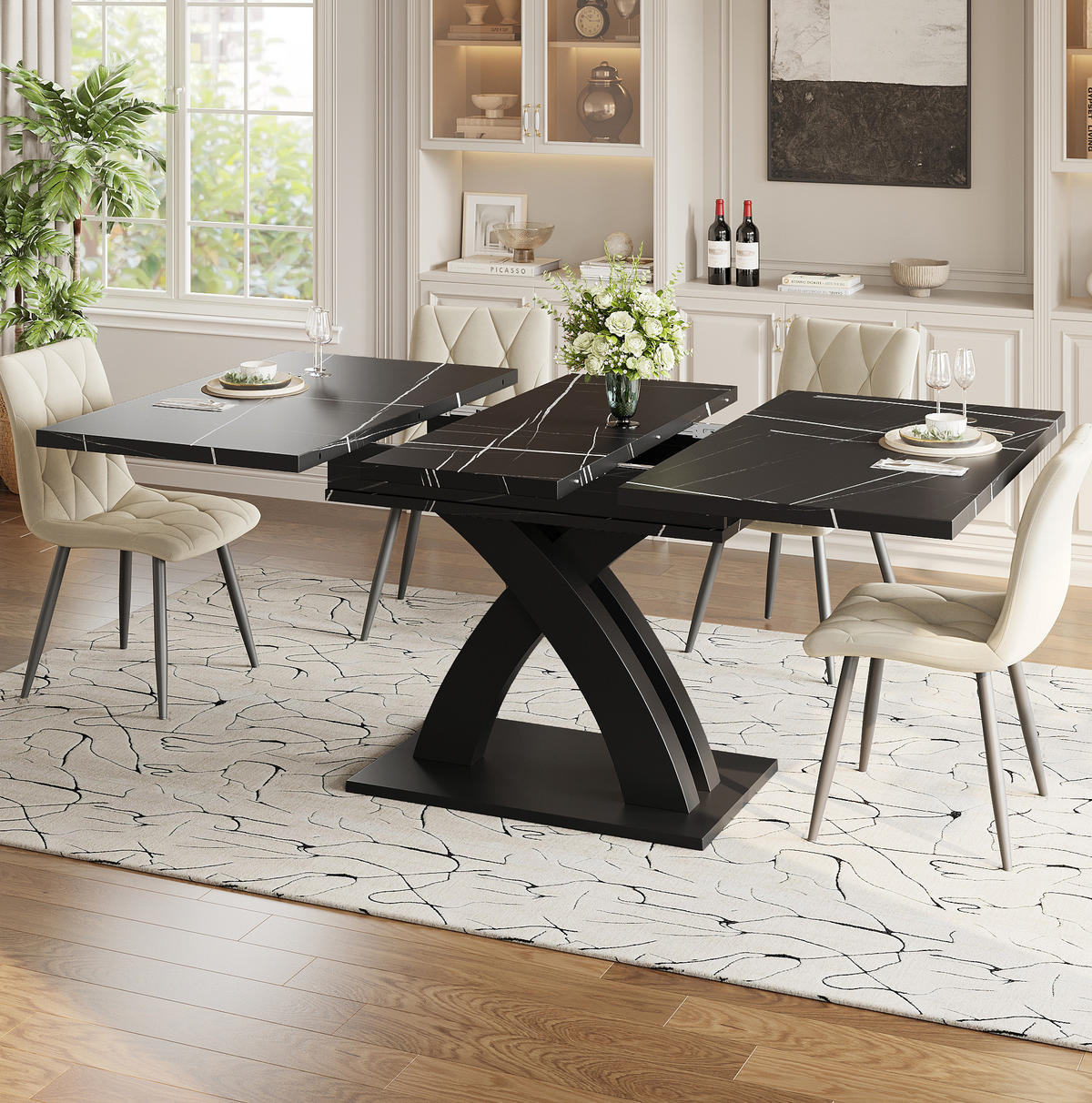 ESSTISCH 120/80/76 cm ausziehbar auf 160 cm Schwarz aus MDF Metall mit X-Streben - Schwarz, Holzwerkstoff (120/80/75cm) - OKWISH