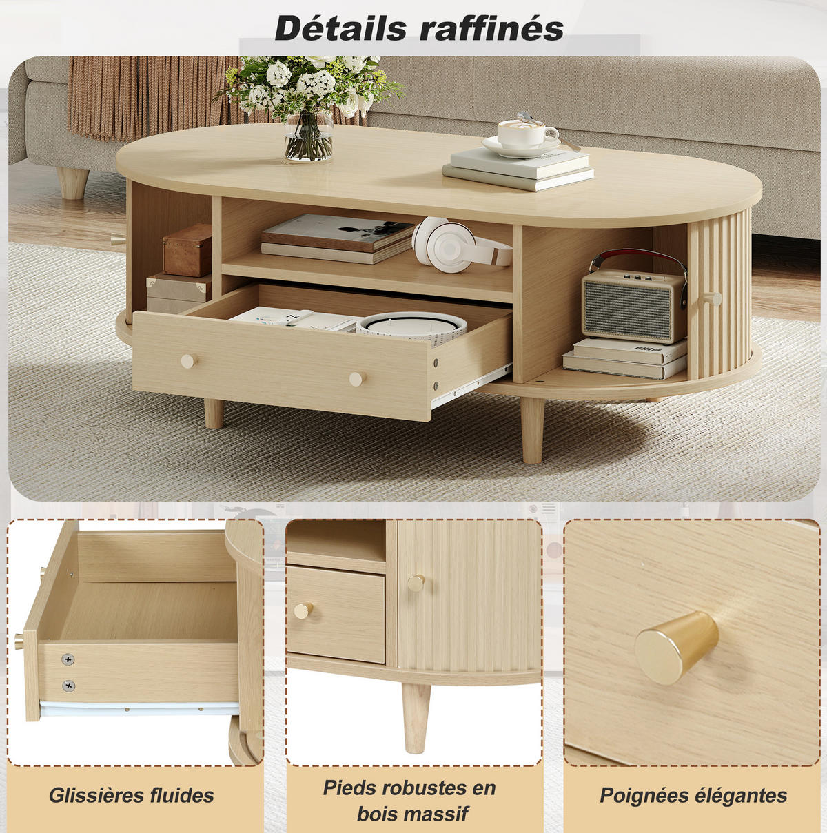 COUCHTISCH aus MDF 100x50x36 cm Eiche mit Schublade, Rolltüren und Ablage - Eichefarben, Holzwerkstoff (100/50/36cm) - IVMEU