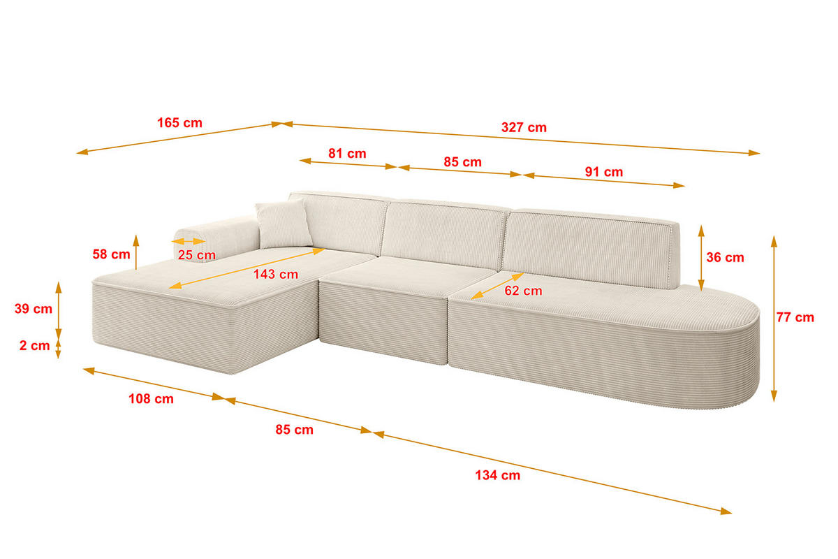 ECKSOFA Ottomane Links IREA-L2-v3 - 327x165x77 cm Beige - Beige/Creme, Holzwerkstoff/Textil (327/165cm) - ALTDECOR