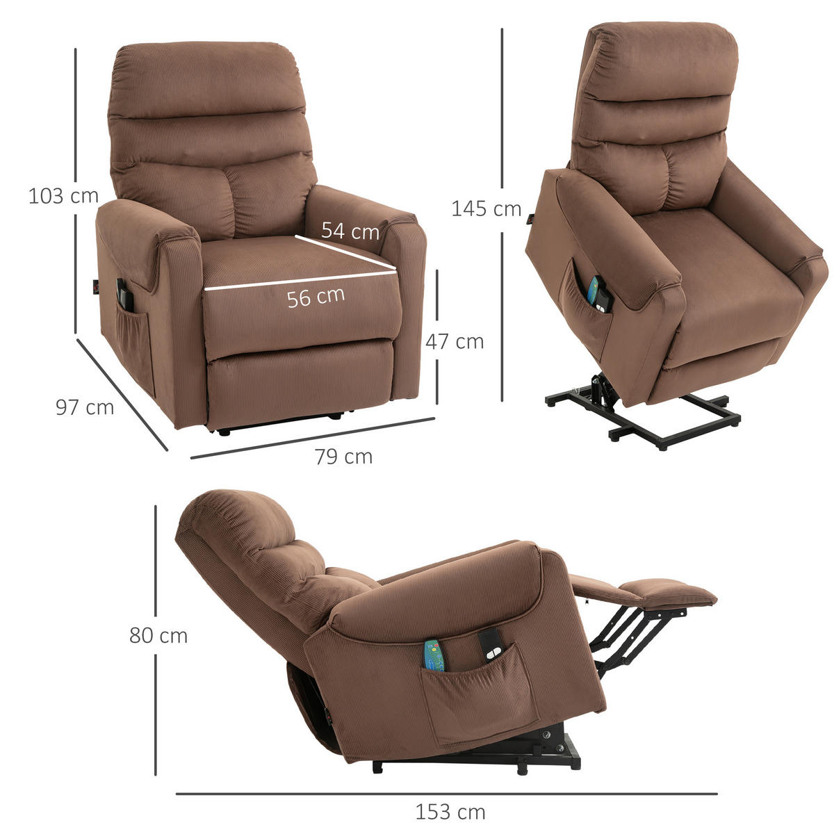 FERNSEHSESSEL Sessel mit Aufstehhilfe mit Massagefunktion Heizung Braun - Schwarz/Braun, Textil/Metall (97/103/79cm) - HOMCOM