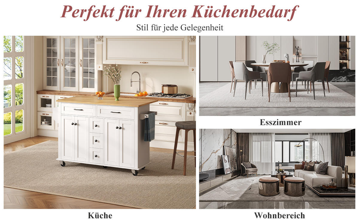 KÜCHENINSEL 120x65 cm mit Klappplatte, 5 Schubladen & Rollen - Multicolor, Holz (65/89/140cm) - SHOPENTRA