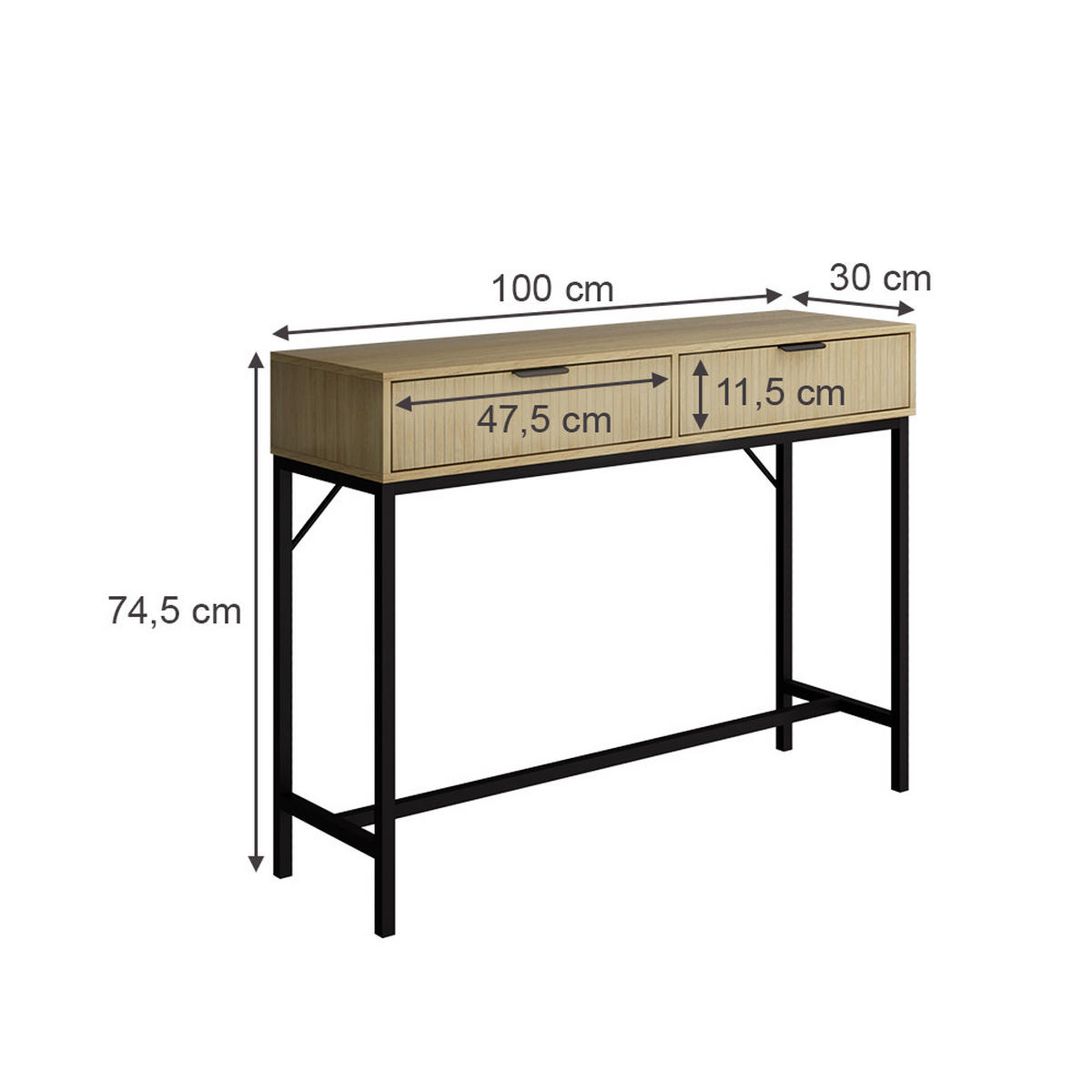 KONSOLENTISCH Lennox Eiche 100 x 75 cm mit 2 Schubladen - Eichefarben/Schwarz, Holzwerkstoff (30/100/75cm) - Vicco