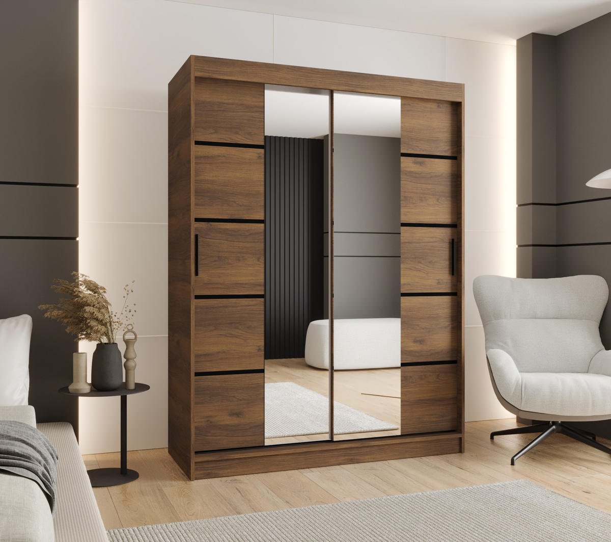 ŠATNÍ skříň s posuvnými dveřmi 200/150/62 2dveřová - černá/hnědá, dřevo/plast (150/200/62cm)