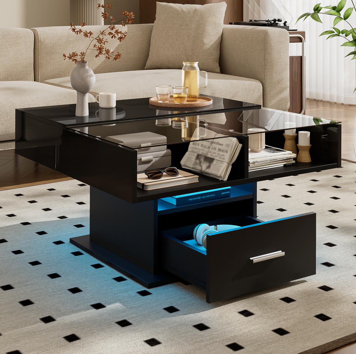 COUCHTISCH 78/78/45,5-59,5 cm höhenverstellbar mit LED-Beleuchtung und Stauraum, Schwarz - Schwarz, Holzwerkstoff (78/78/59.5cm) - Redom