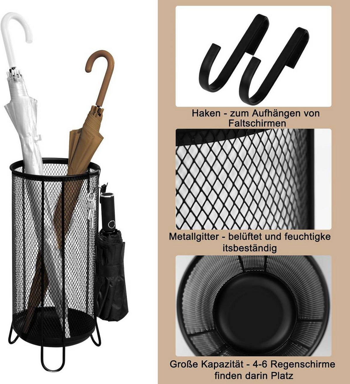 SCHIRMSTÄNDER mit 4 Haken, aus Drahtgitter, Anthrazit - Anthrazit, Metall (22/49/22cm) - Woltu
