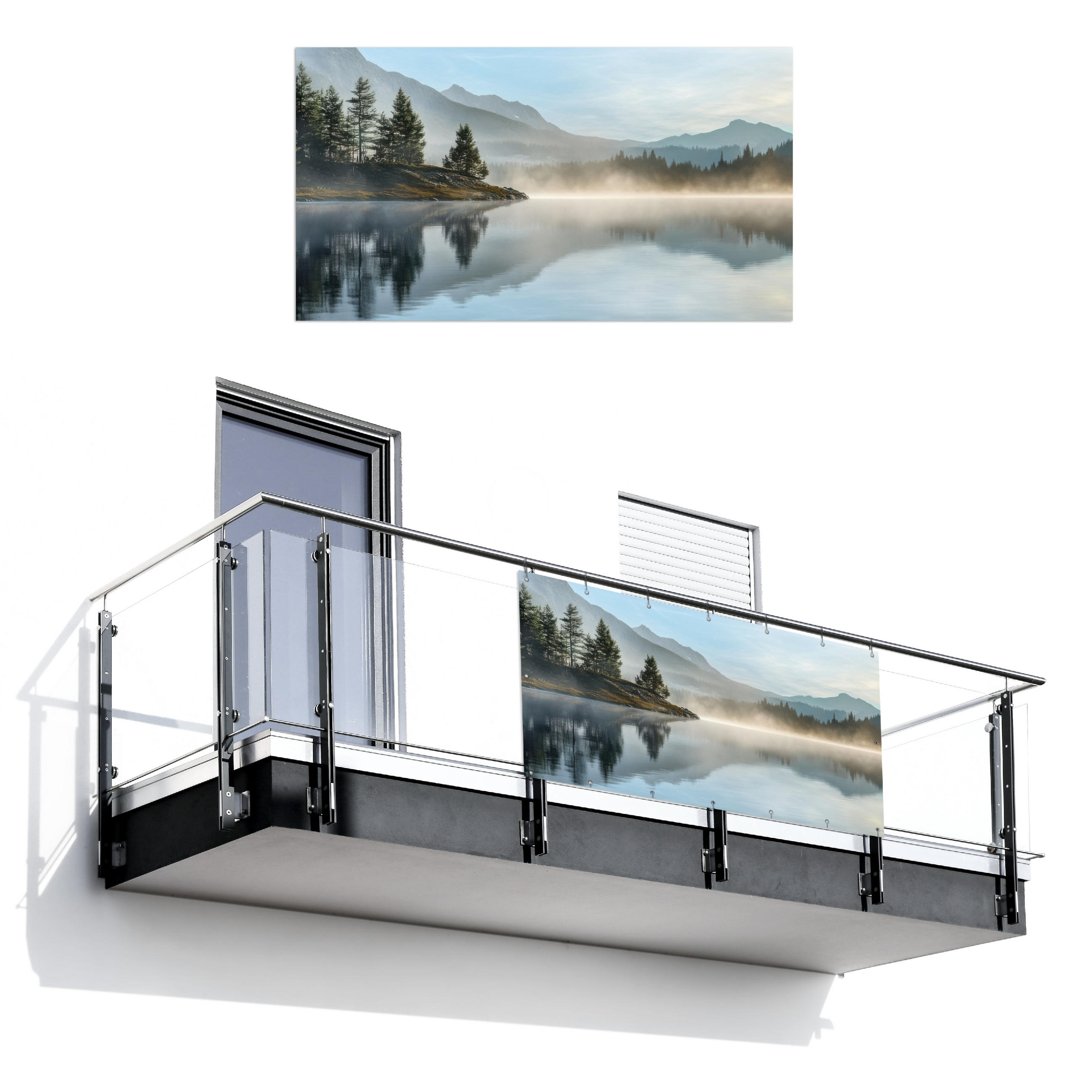 BALKON-SICHTSCHUTZ See - Nebel - Berge - Landschaft - Hellblau, Kunststoff (200/110cm) - MuchoWow