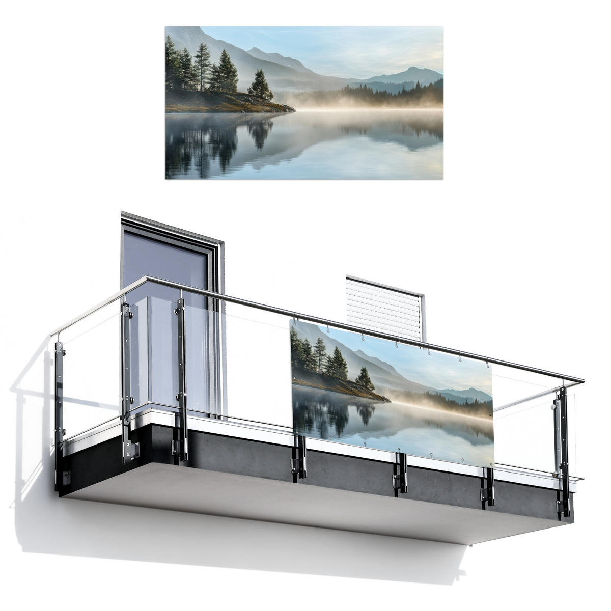 BALKON-SICHTSCHUTZ See - Nebel - Berge - Landschaft - Hellblau, Kunststoff (200/110cm) - MuchoWow
