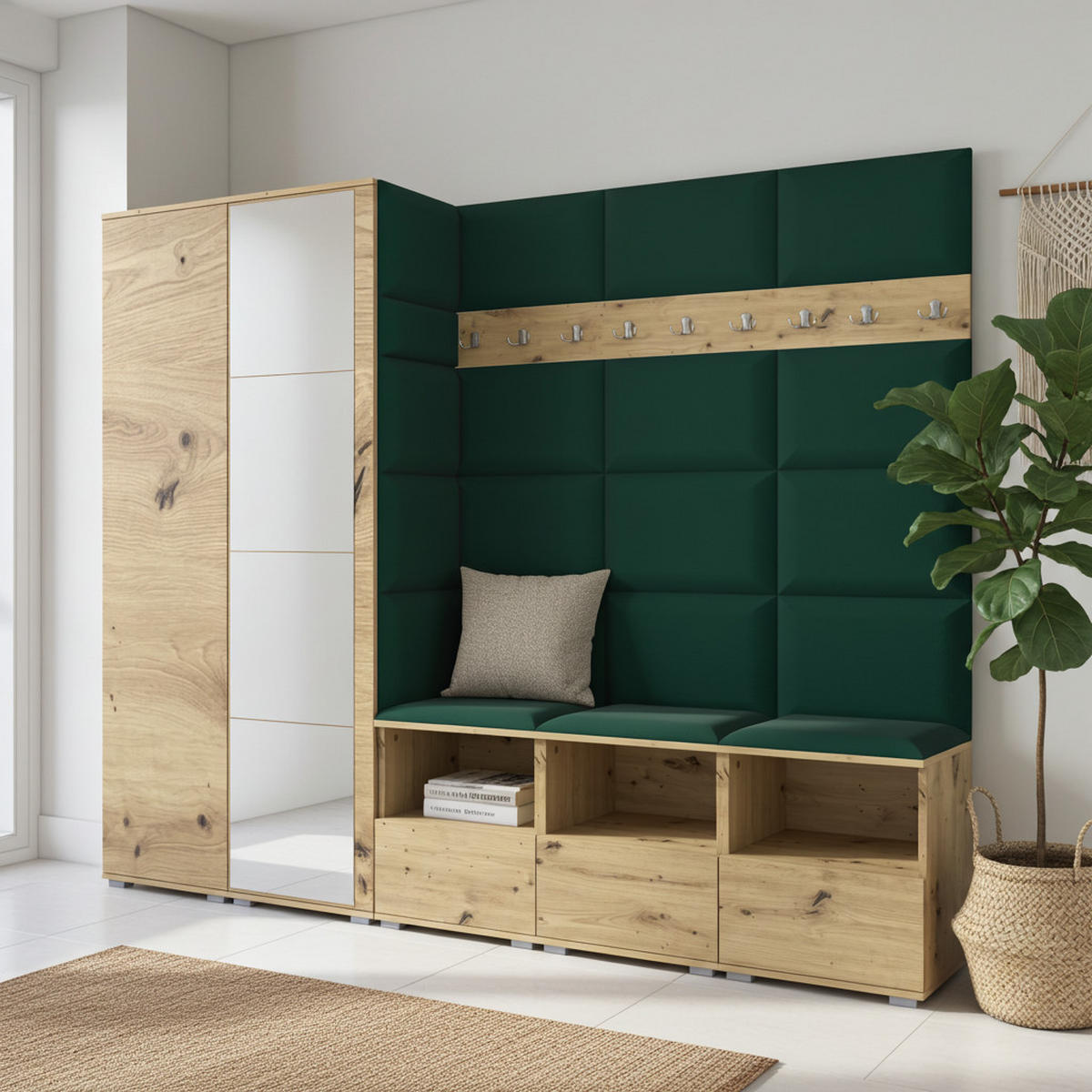 GARDEROBE NELA VII 250 cm (Modulare Flurmöbel XL Artisan Eiche mit Spiegel & Sitzpolster Flaschengrün 28 Universell) - Dunkelgrün/Silberfarben, Holz/Holzwerkstoff (250/187/40cm) - Ravio