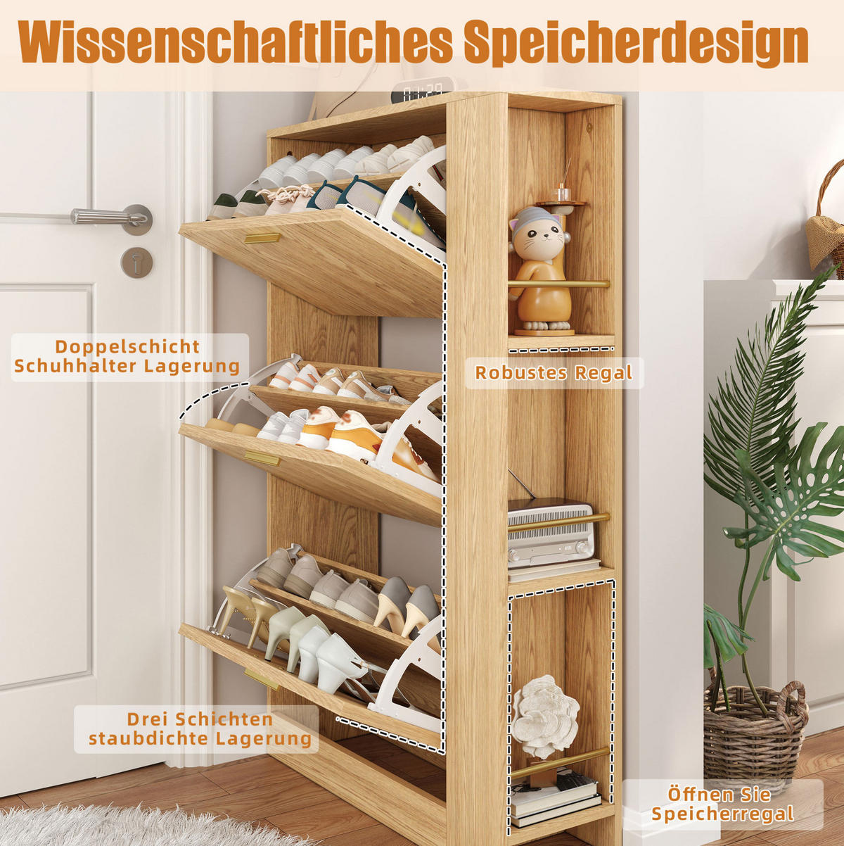 SCHUHSCHRANK 70/23,5/115 cm mit 3 Türen, offenen Seitenfächern und MDF-Korpus, Natur - Naturfarben, Holzwerkstoff (70/115/23.5cm) - Redom