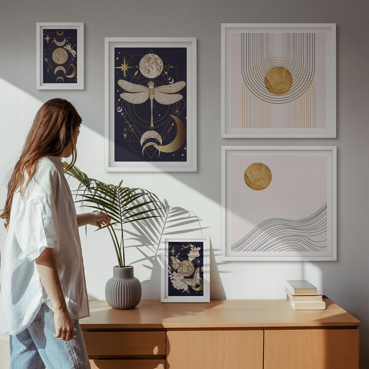 WANDBILDER 5er-Set - 50x50 cm & 20x30 cm & 40x60 cm Weißer Rahmen - Naturmotive mit dem Mond - Weiß, Kunststoff (40/60cm) - ArtPrintCave