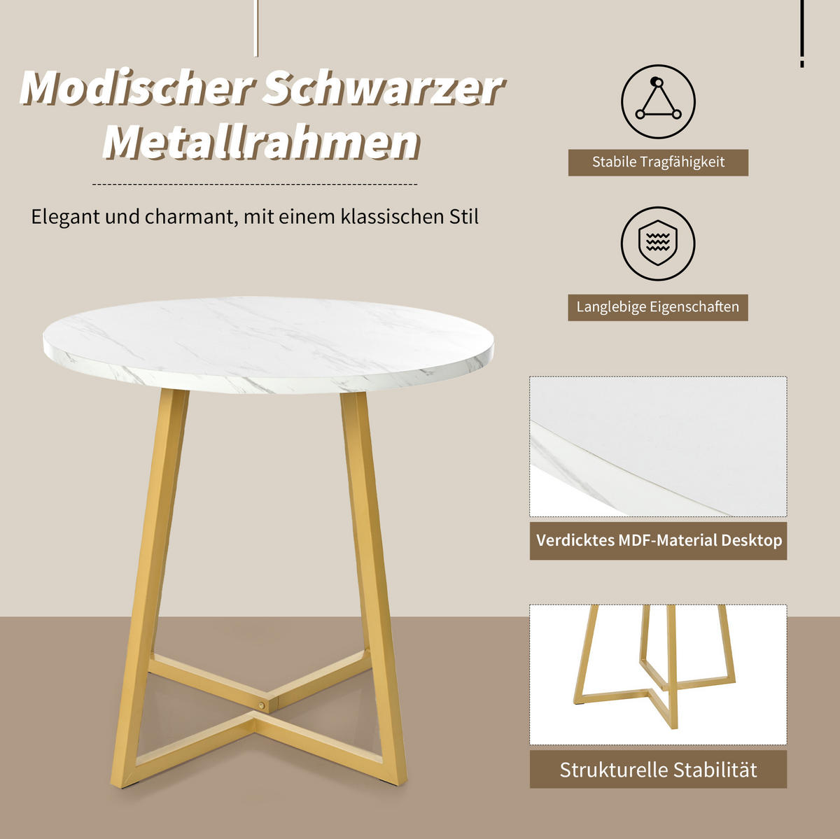 JÍDELNÍ stůl 80/75 cm bílý z MDF a kovu s mramorovým dekorem - bílá, kompozitní dřevo (80/80/75cm) - OKWISH