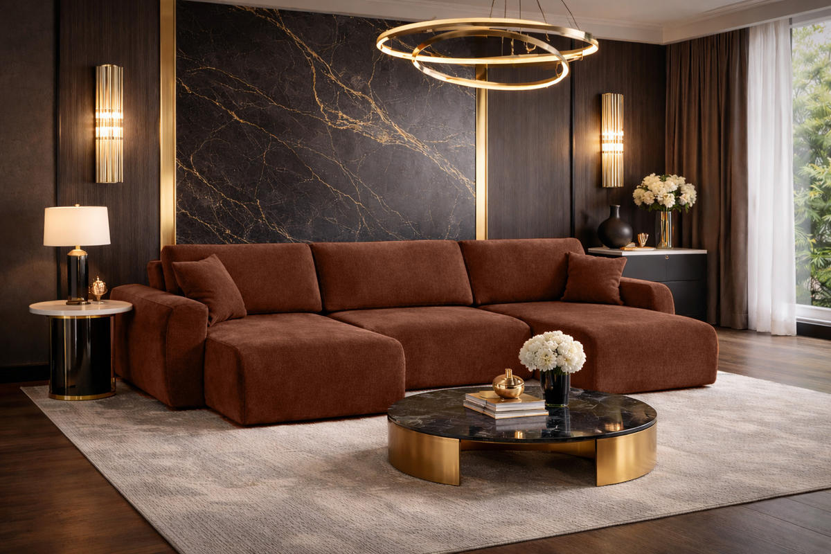 ECKSOFA Mit Schlaffunktion Und Bettkasten U-Form Ariel U, Veloursstoff Salvador, Dunkelbraun - Dunkelbraun, Holz (342/142cm) - Kaiser Möbel