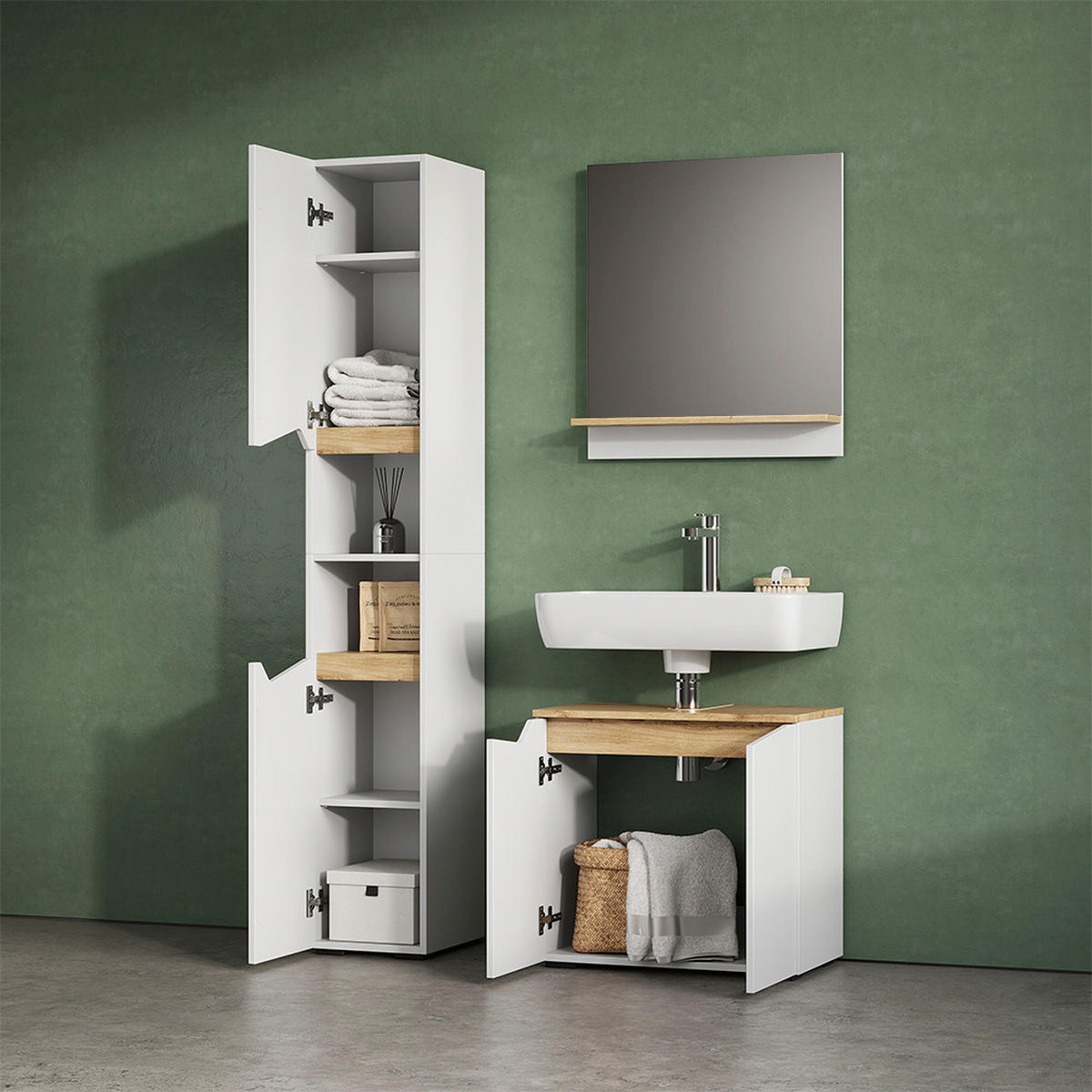 BADMÖBEL-SET Timavo Weiß 2 Teile - Weiß/Eiche Artisan, Holzwerkstoff (60/57/35cm) - Livinity®