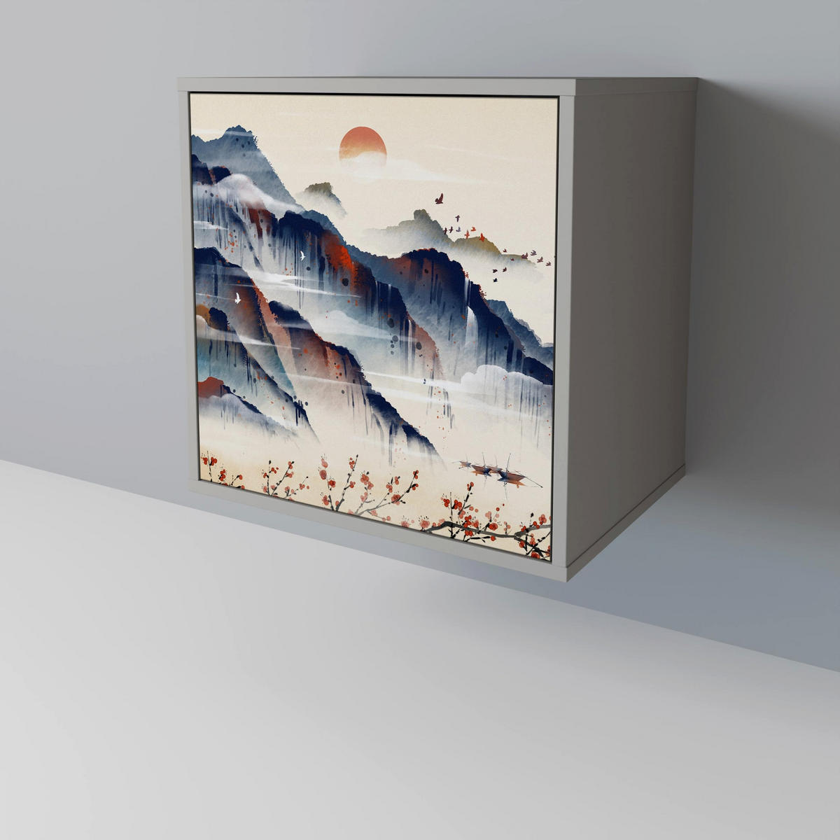SIDEBOARD JAPANESE LANDSCAPE, Grau, 57,5x42x70,5 cm, Schwarze Metall-Sternfüße - Multicolor/Schwarz, Holzwerkstoff/Metall (57.5/70.5/42cm) - SpaceRebels