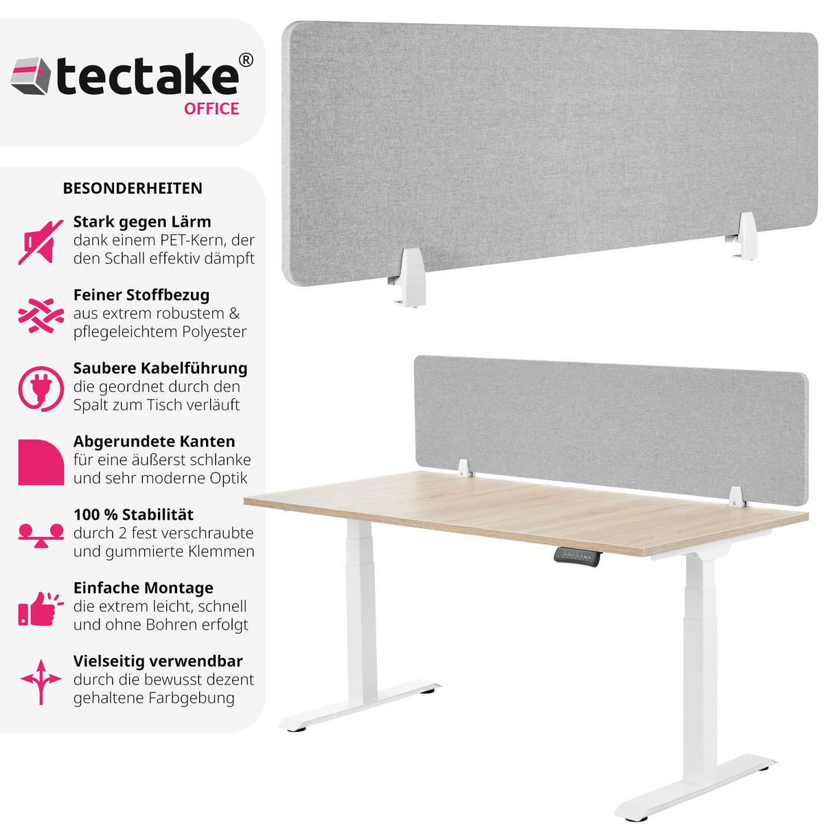 TRENNWAND für Schreibtisch Noisy,inkl. 2 Befestigungsklemmen,grau - Grau, Kunststoff (2.2/130/40cm) - tectake