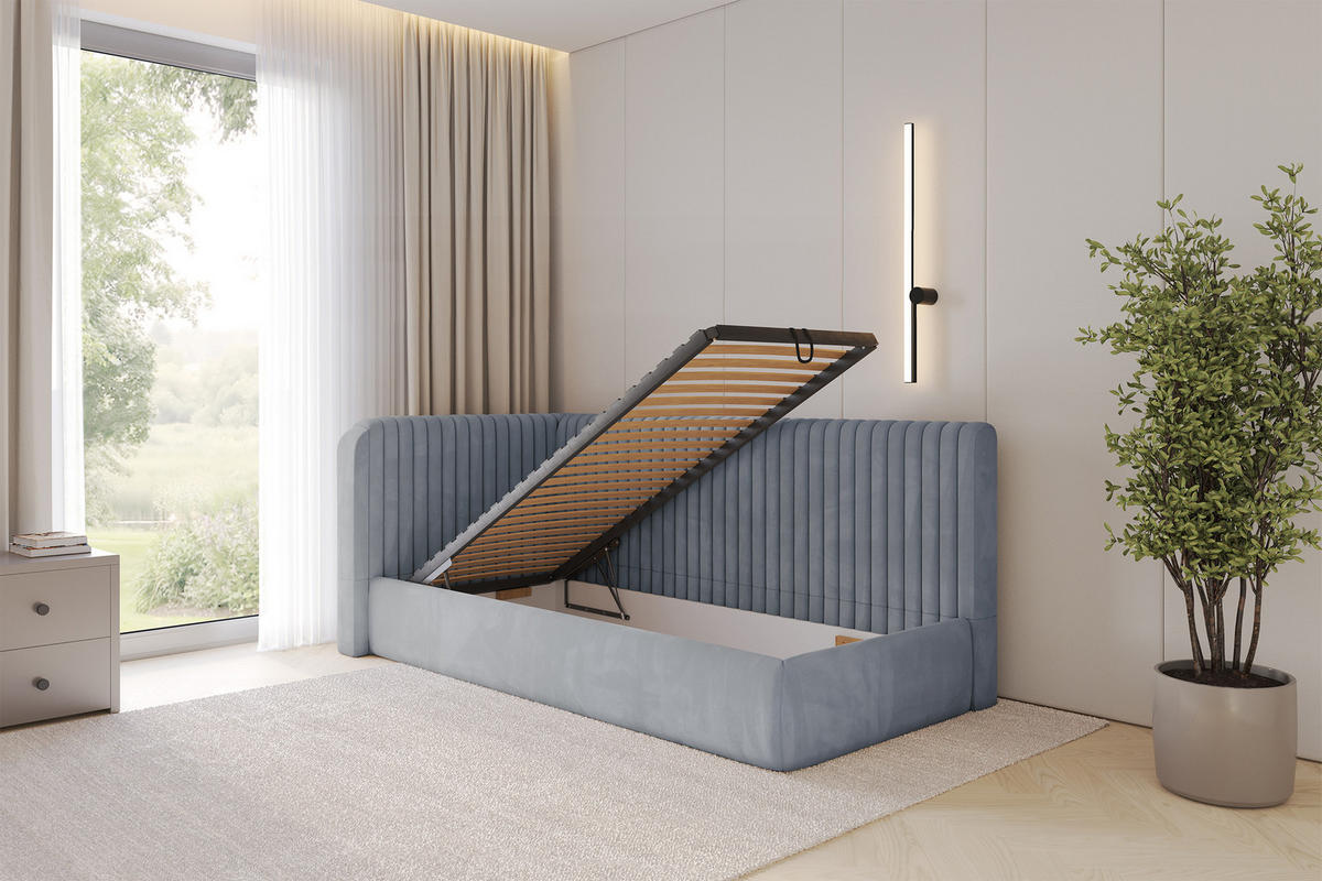 EINZELLBETT Jugendbett mit Bettkasten und Matratze H3/H4, Rechts - AURY 80x200 Grau - Blaugrau, Holzwerkstoff/Textil (80/200cm) - ALTDECOR