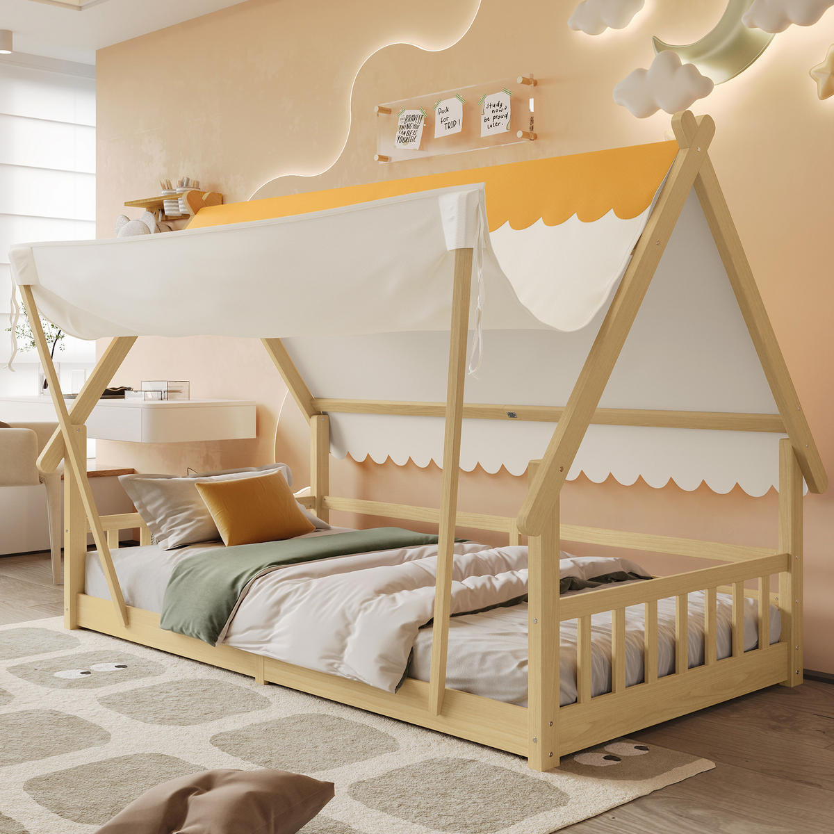 KINDERBETT 90/200 cm in Hausform mit Zelt und Sicherheitsgeländer - Weiß, Holz (90/200cm) - BEAOK