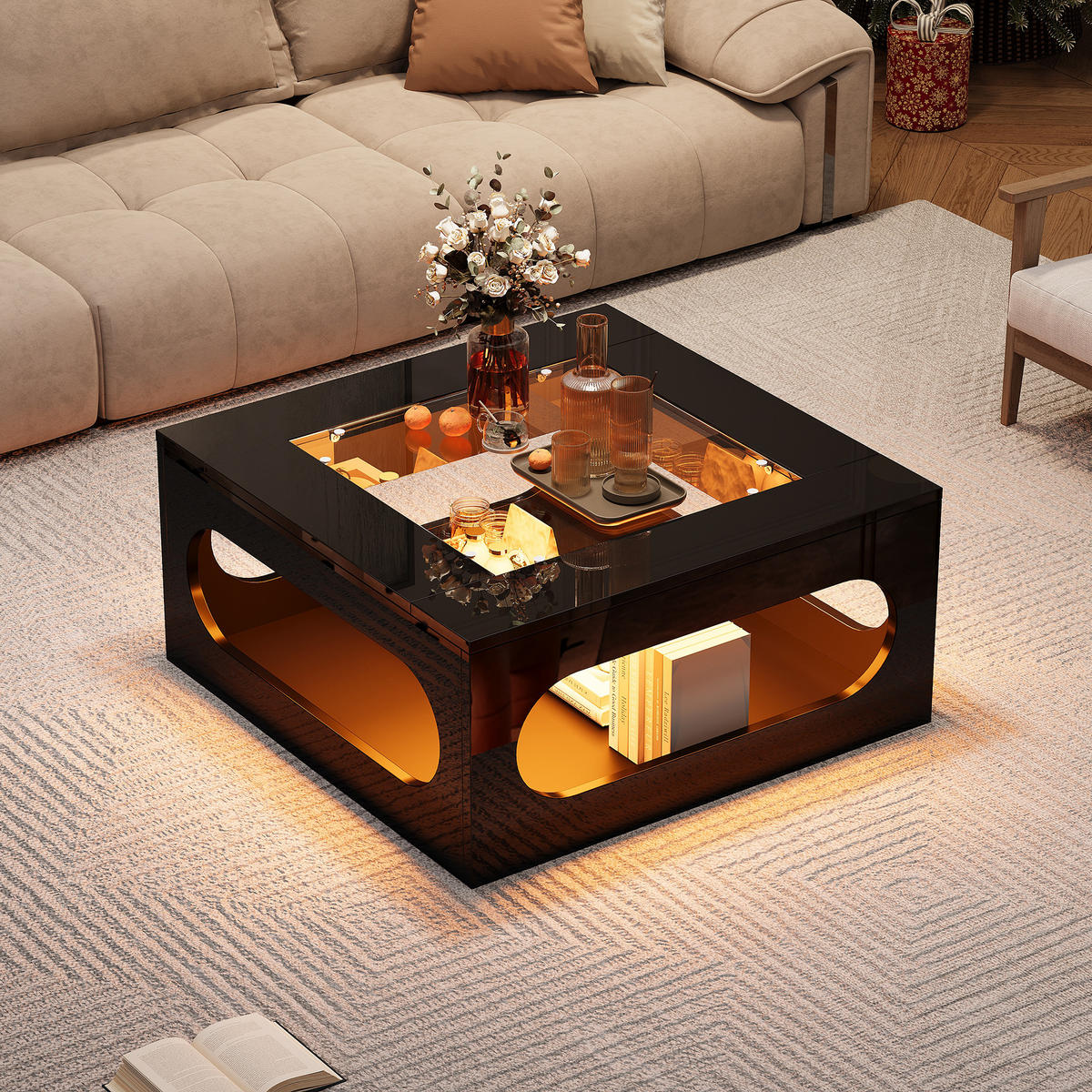 COUCHTISCH 70/70 cm mit LED-Beleuchtung und Ablagefach, Glasplatte, Schwarz - Schwarz, Holzwerkstoff (70/70/35cm) - BEAOK