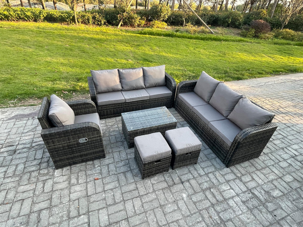GARTENMÖBEL-SET mit Kissen Polyrattan Dunkelgrau 9-Sitzer - Dunkelgrau/Grau, Glas/Kunststoff - Fimous