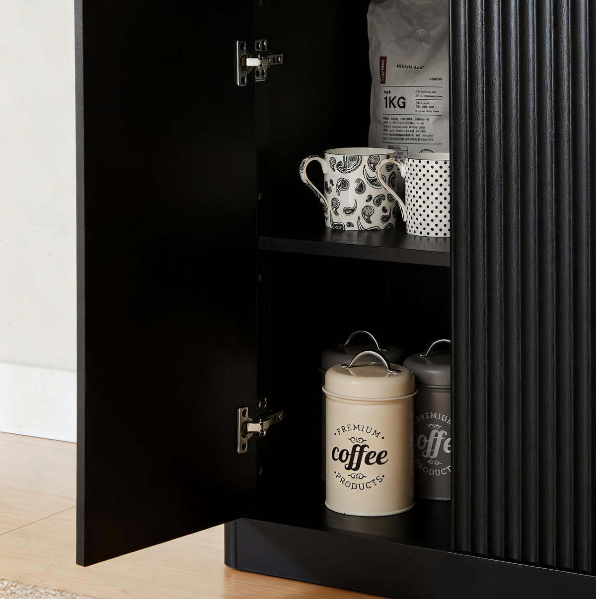 SIDEBOARD 170/40/70,5 cm aus MDF mit 6 Türen, wellenförmiger Front und viel Stauraum, Schwarz - Goldfarben/Schwarz, Holzwerkstoff/Metall (170/70.5/40cm) - Redom