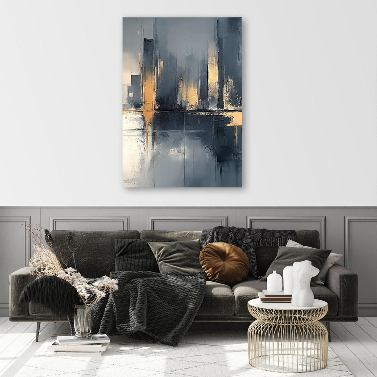 LEINWANDBILD Schwarz-Gold-Abstraktion 70x100cm - Grau, Textil (70/100cm) - Feeby