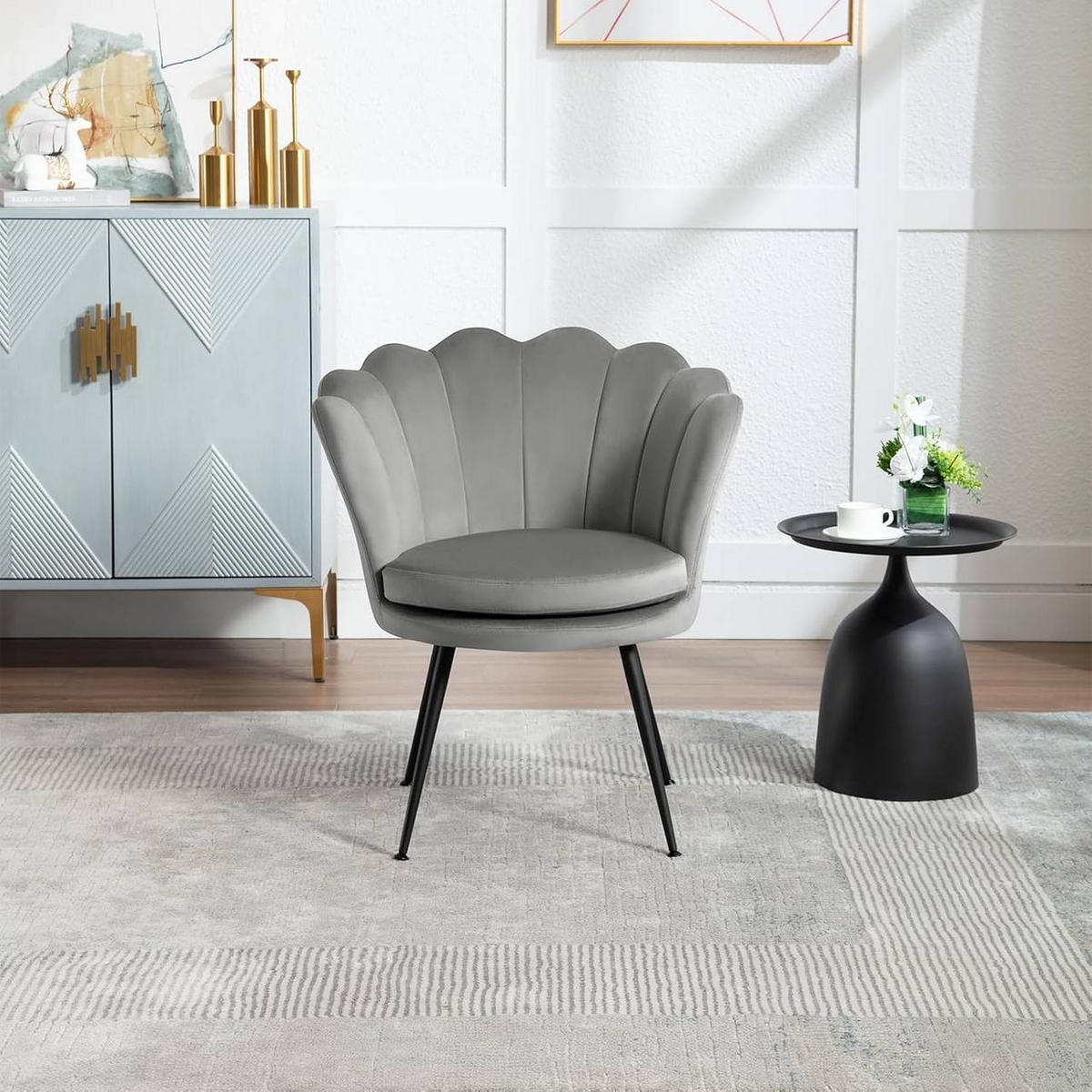 RELAXSESSEL Blumenform, Samtbezug, Grau - Schwarz/Grau, Textil/Metall (68/75/62cm) - Woltu