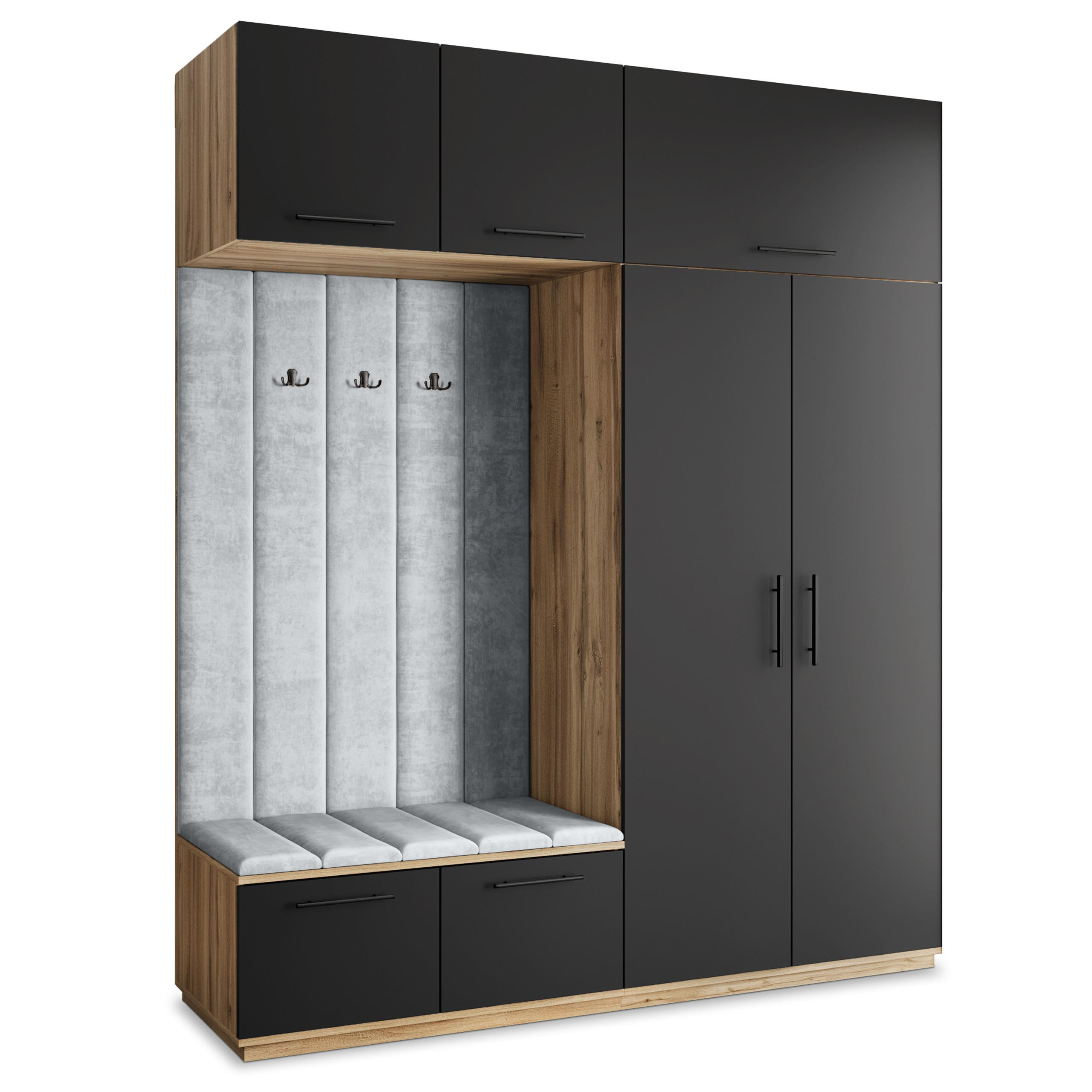 Masseno Garderobenschrank Eiche Wotan, Schwarz, Hellgrau 200x240x60 cm