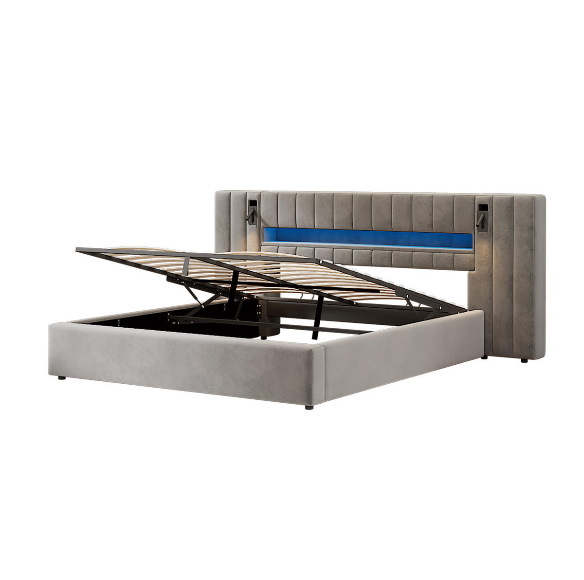 POLSTERBETT 180/200 cm mit LED-Beleuchtung, USB-Anschlüssen, Nachttischlampe und Bettkasten, Grau - Grau, Textil (180/200cm) - Redom
