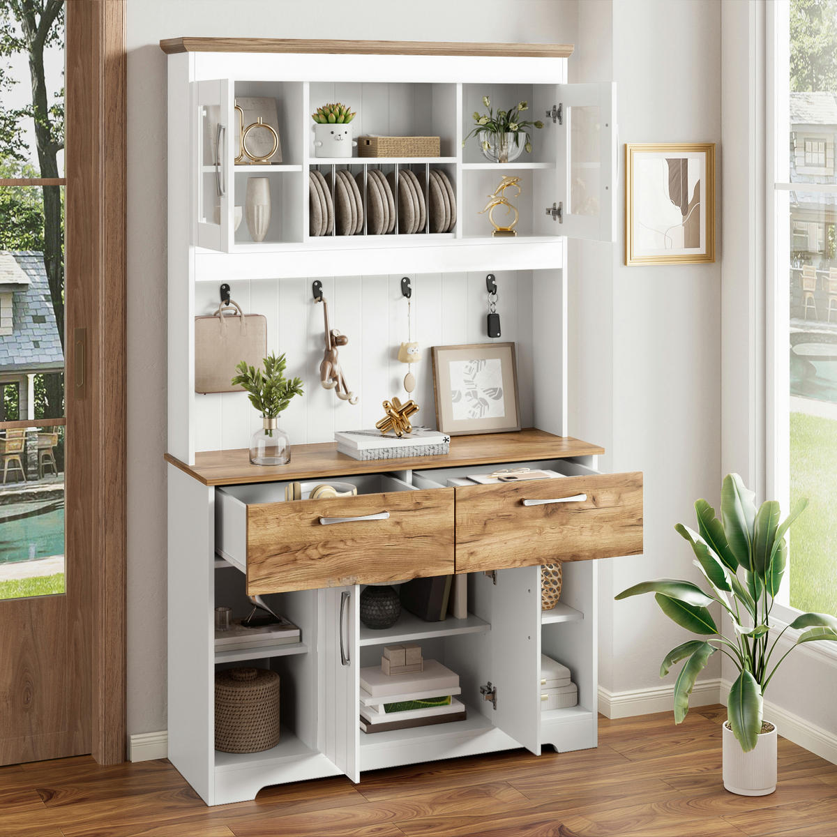 BUFFET DE-37546 106/39/176,5 cm mit Vitrinenfächern und Hakenleiste Weiß - Weiß, Holzwerkstoff (106/176.5/39cm) - ComfortXL