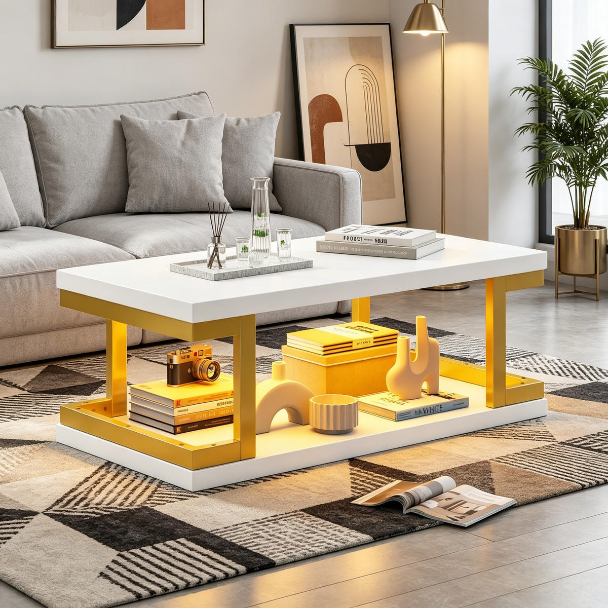 COUCHTISCH in Weiß und Gold mit LED-Beleuchtung für Wohnzimmer und Esszimmer, B100/T50/H37,5 cm - Goldfarben/Weiß, Holzwerkstoff/Metall (50/100/37.5cm) - STILVORA