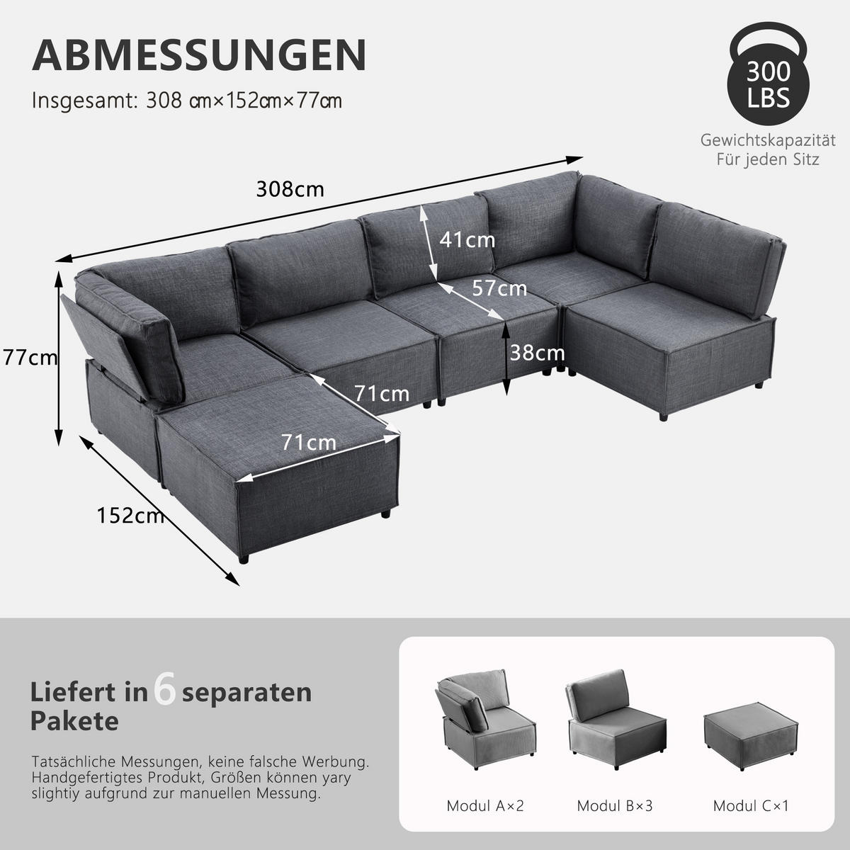 WOHNLANDSCHAFT Leinen Dunkelgrau - Dunkelgrau, Holzwerkstoff/Textil (308/77/152cm) - WISHDOR