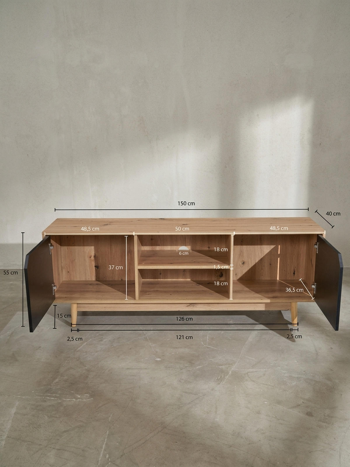 TV-LOWBOARD mit Eiche-Dekor, 2 Türen, modern, Braun-Schwarz 150x40x55 cm - Eichefarben/Braun, Holz (150/55/40cm) - KADIMA DESIGN
